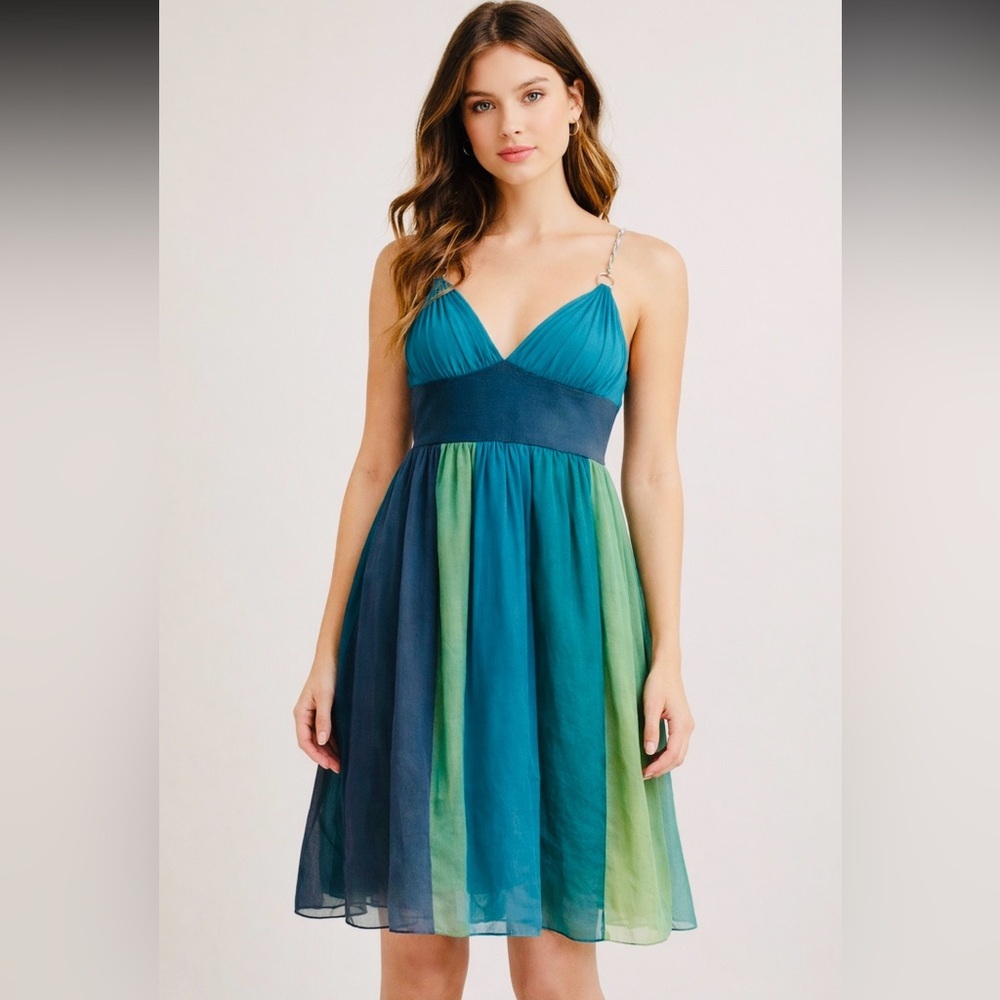 Y2K Fairycore 100% Silk Empire waist Vintage Chiffon Color block Dress size 2